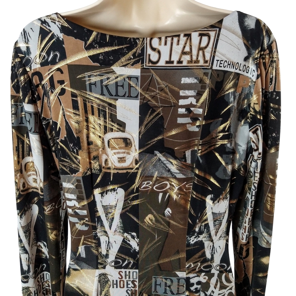 Y2K Cache Long Sleeve Graphic Print Dress - Brown, Metallic Gold, and Black - Picture 6 of 8